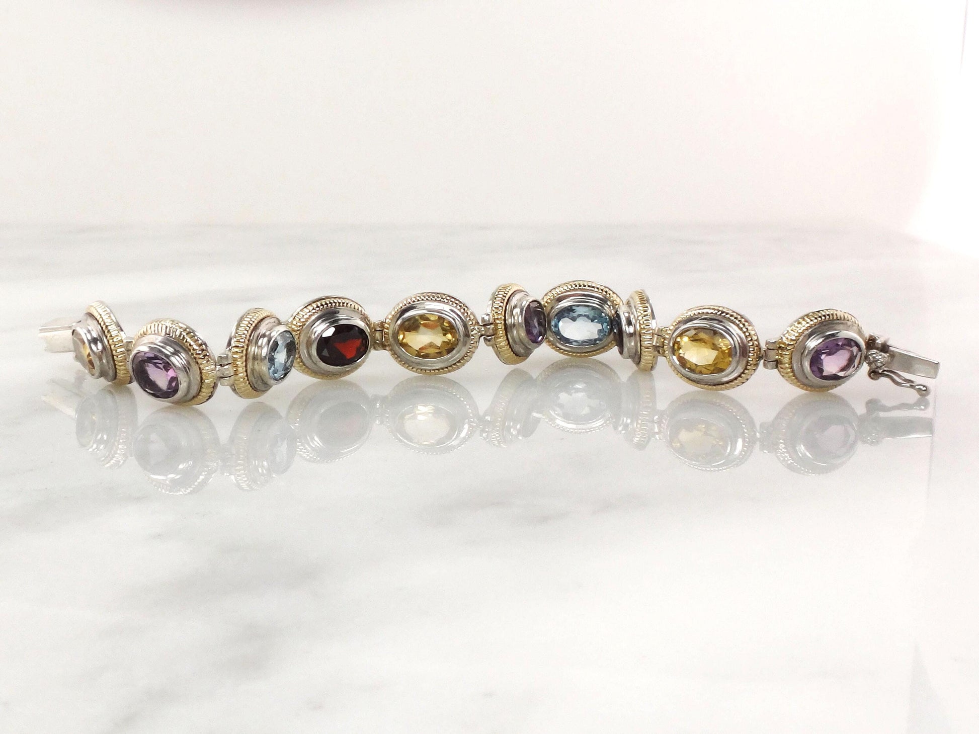 Vintage Multi-Stone Bracelet: 14k Gold & Sterling Silver - Citrine, Amethyst, Topaz, Garnet