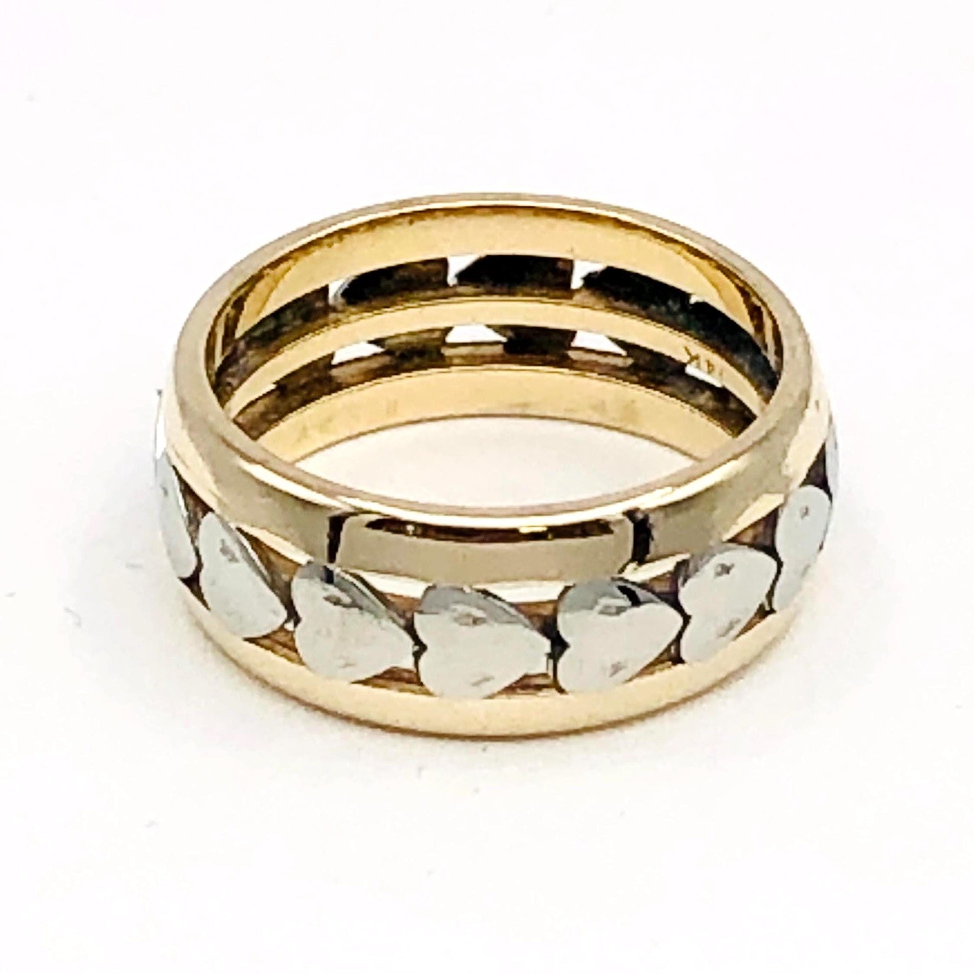 Vintage 14k Gold Hearts Wedding Band - 7.7 MM Wide Two Tone Heart Ring - Size 6.25
