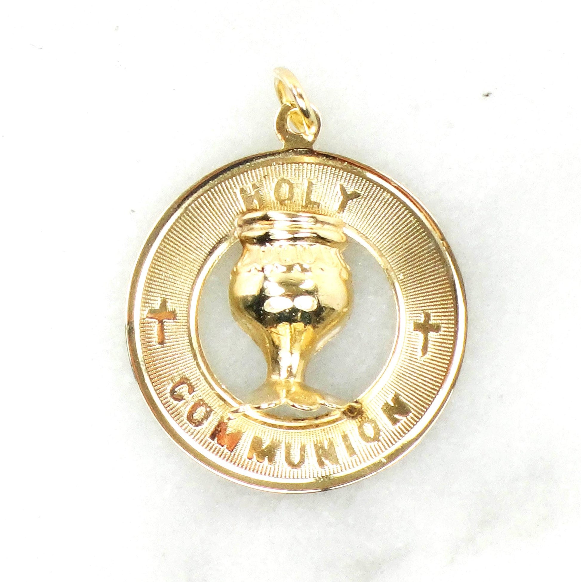 Holy Communion Charm or Pendant - Vintage Solid 14k Yellow Gold Round Christian Medal - Circa 1970's