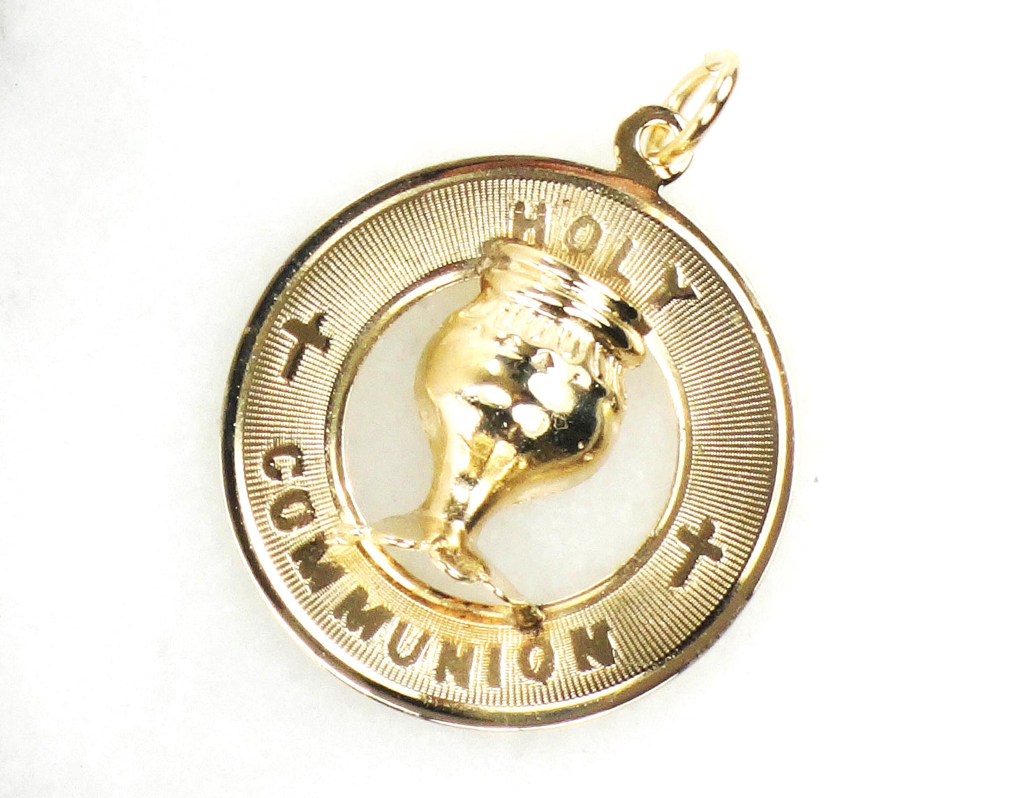 Holy Communion Charm or Pendant - Vintage Solid 14k Yellow Gold Round Christian Medal - Circa 1970's