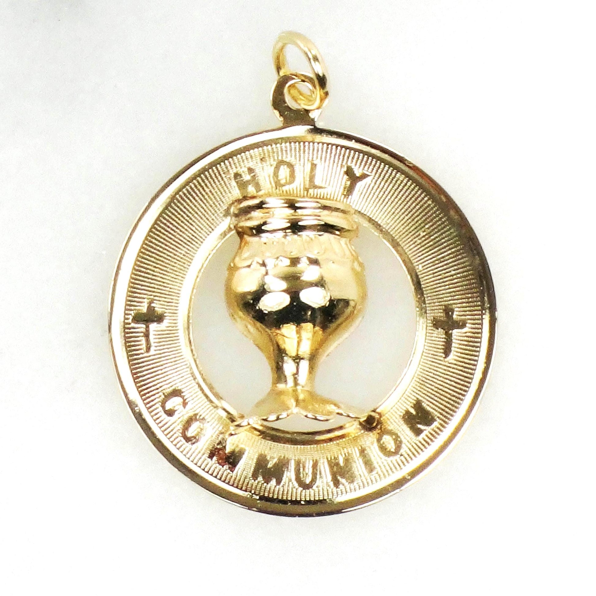 Holy Communion Charm or Pendant - Vintage Solid 14k Yellow Gold Round Christian Medal - Circa 1970's