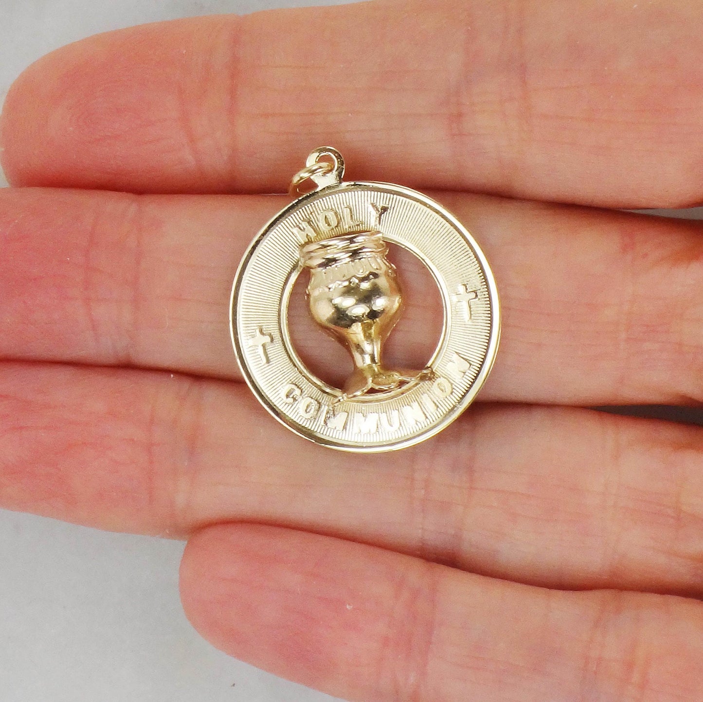 Holy Communion Charm or Pendant - Vintage Solid 14k Yellow Gold Round Christian Medal - Circa 1970's