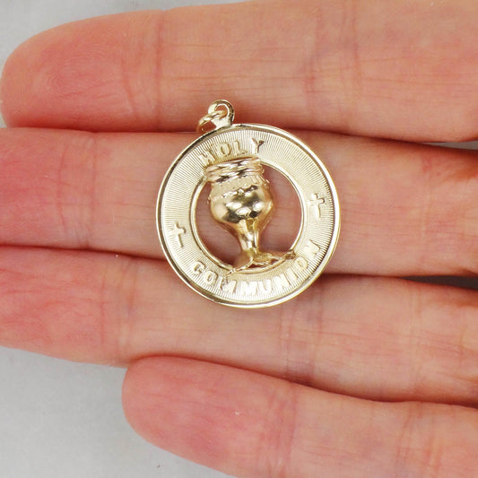 Holy Communion Charm or Pendant - Vintage Solid 14k Yellow Gold Round Christian Medal - Circa 1970's