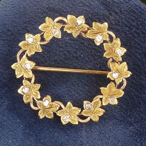 Victorian 14k Gold Diamond Ivy Wreath Pin Brooch: Circa 1900s