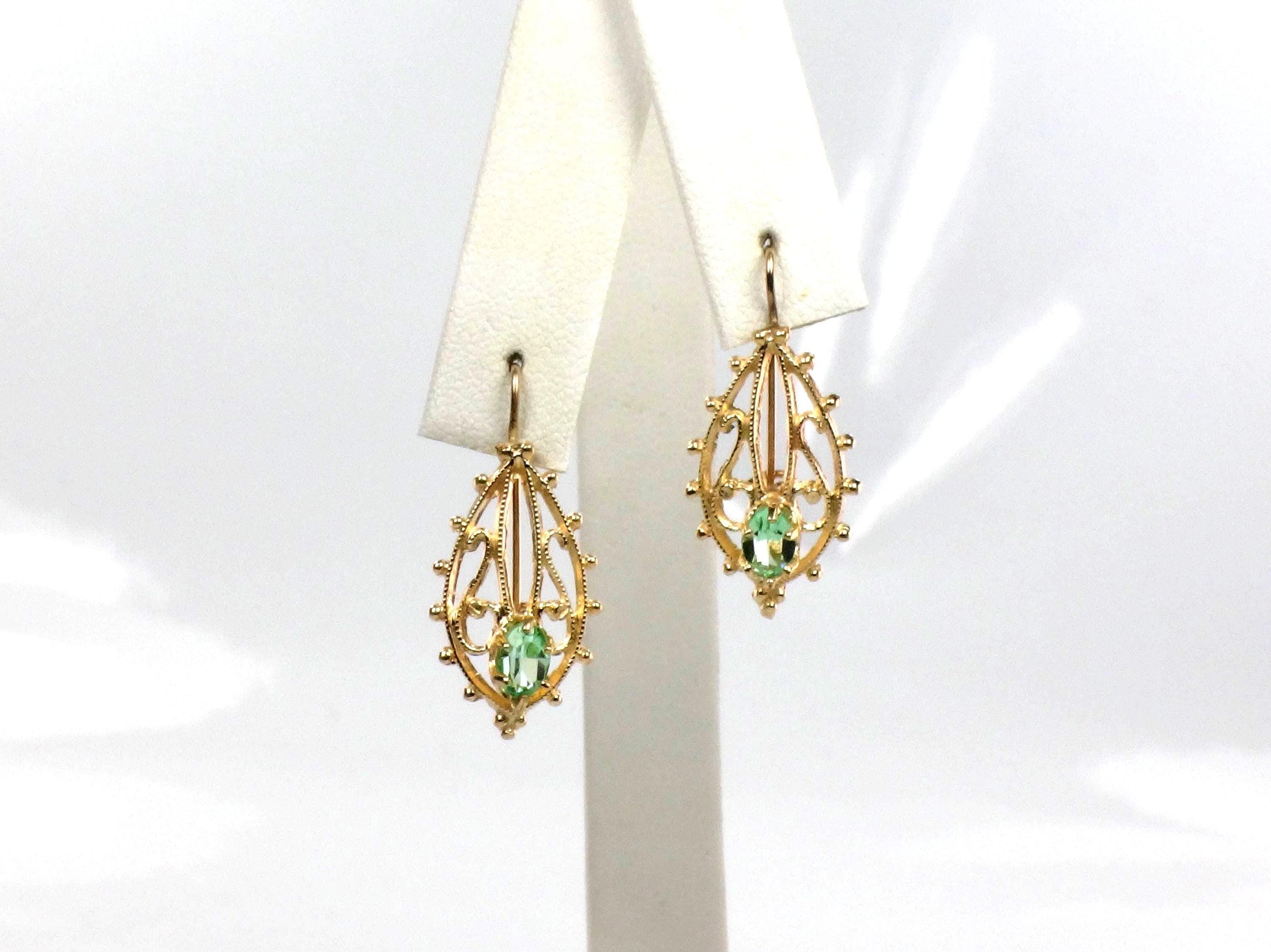 Vintage 14k Gold Dangle Earrings: Green Stone Filigree, 1990s