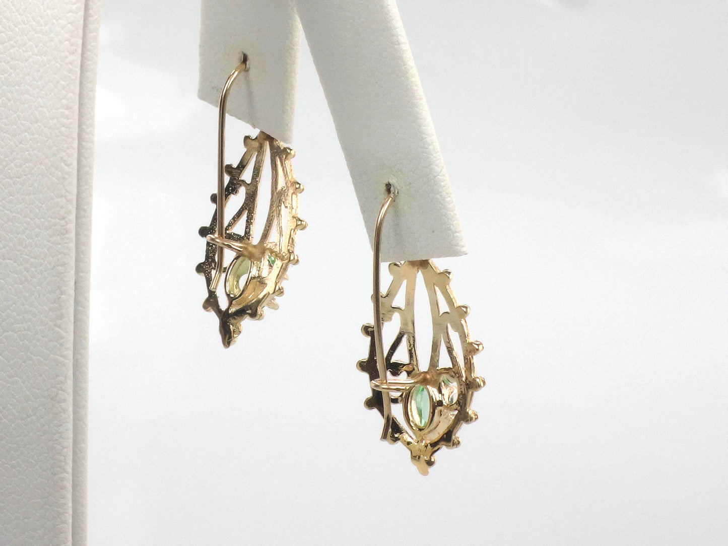 14k Green Stone Dangle Earrings - Vintage Airy Yellow Gold Filigree Style with Locking Wires - Circa 1990's