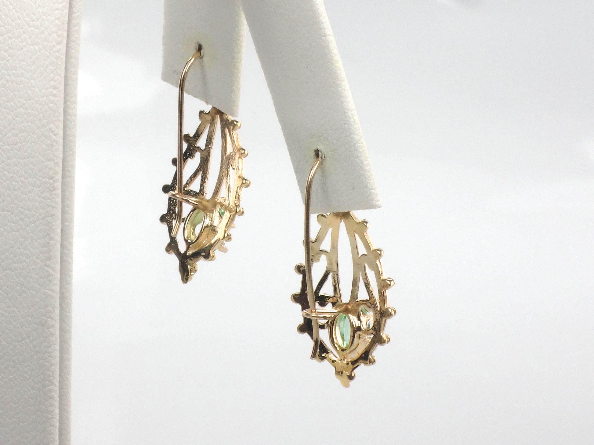 14k Green Stone Dangle Earrings - Vintage Airy Yellow Gold Filigree Style with Locking Wires - Circa 1990's