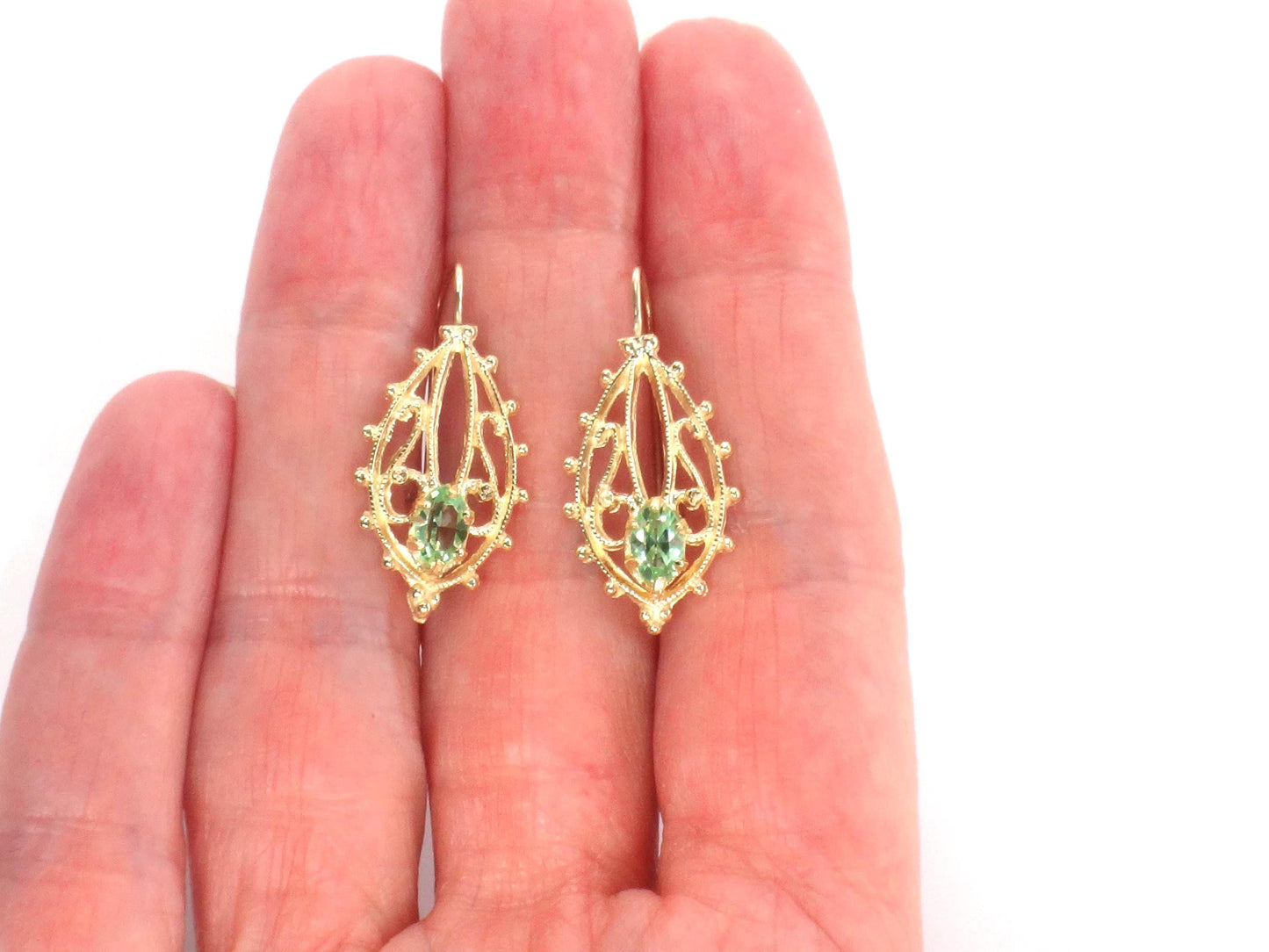 14k Green Stone Dangle Earrings - Vintage Airy Yellow Gold Filigree Style with Locking Wires - Circa 1990's