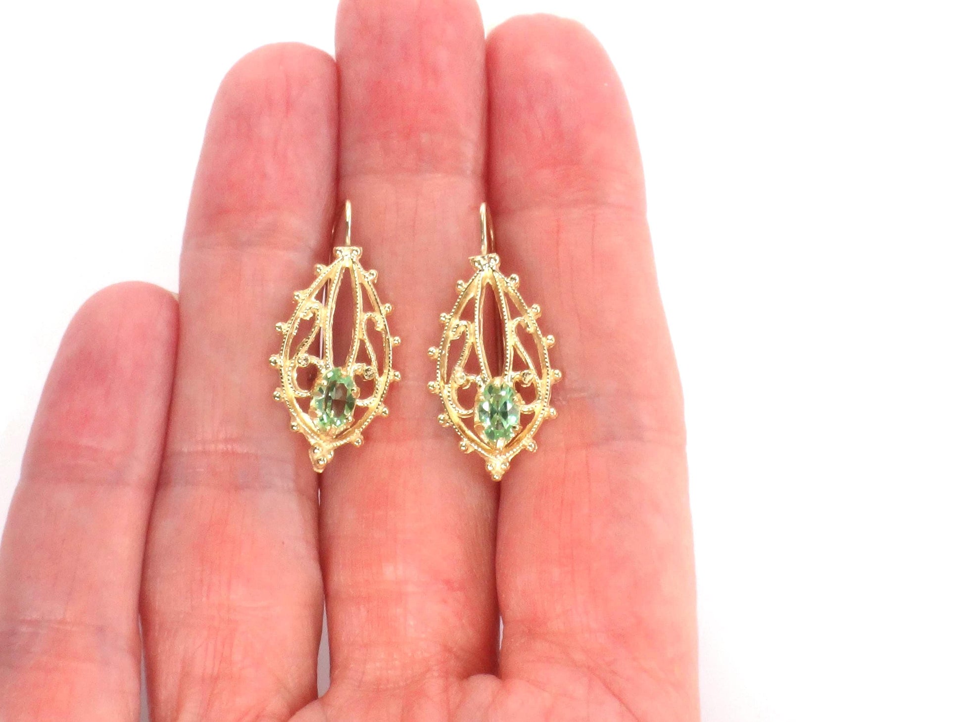 14k Green Stone Dangle Earrings - Vintage Airy Yellow Gold Filigree Style with Locking Wires - Circa 1990's
