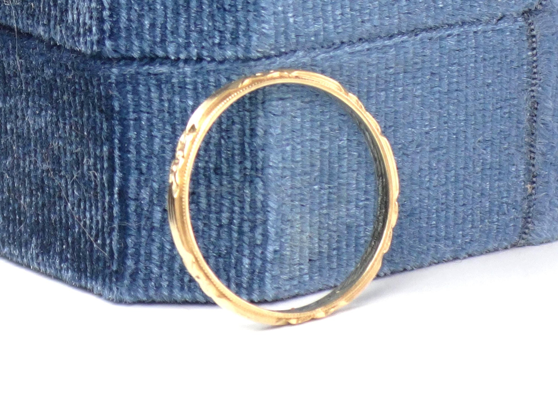 Thin 14k Floral Wedding Band - Art Deco Yellow Gold Orange Blossom Engraved Ring - Vintage Stacking Style - Size 7.5 - Circa 1940