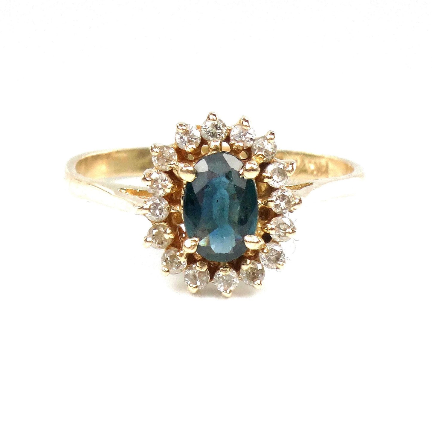 Vintage 14k Yellow Gold Sapphire Diamond Halo Ring - September Birthstone - Size 6.75