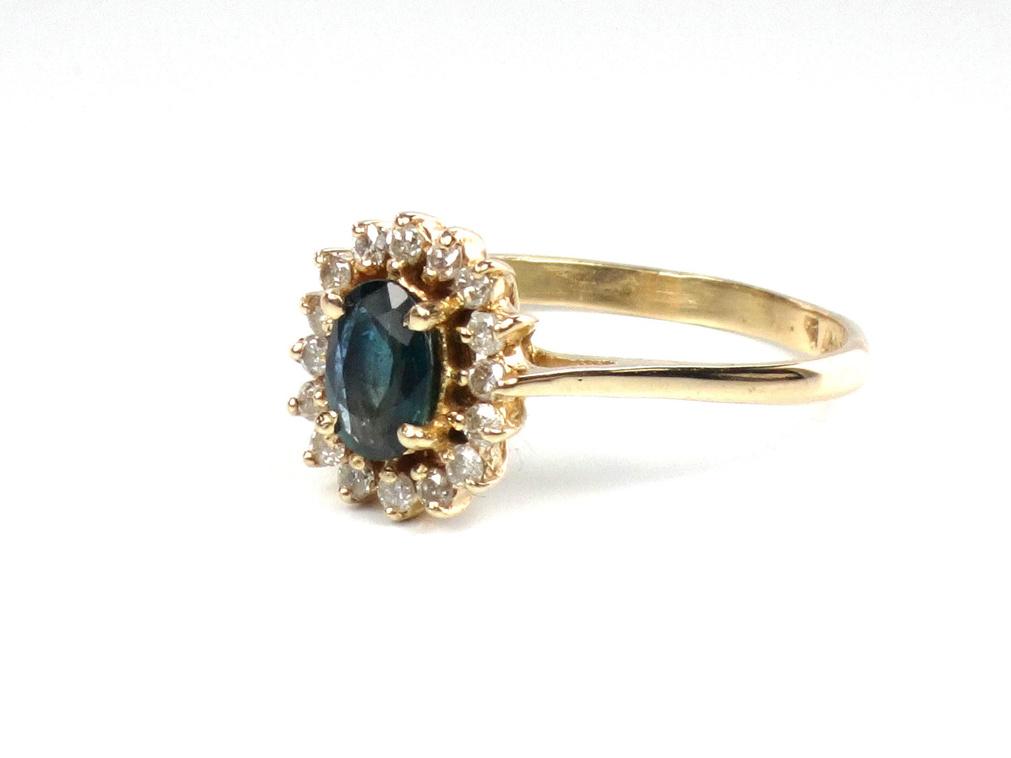 Vintage 14k Yellow Gold Sapphire Diamond Halo Ring - September Birthstone - Size 6.75