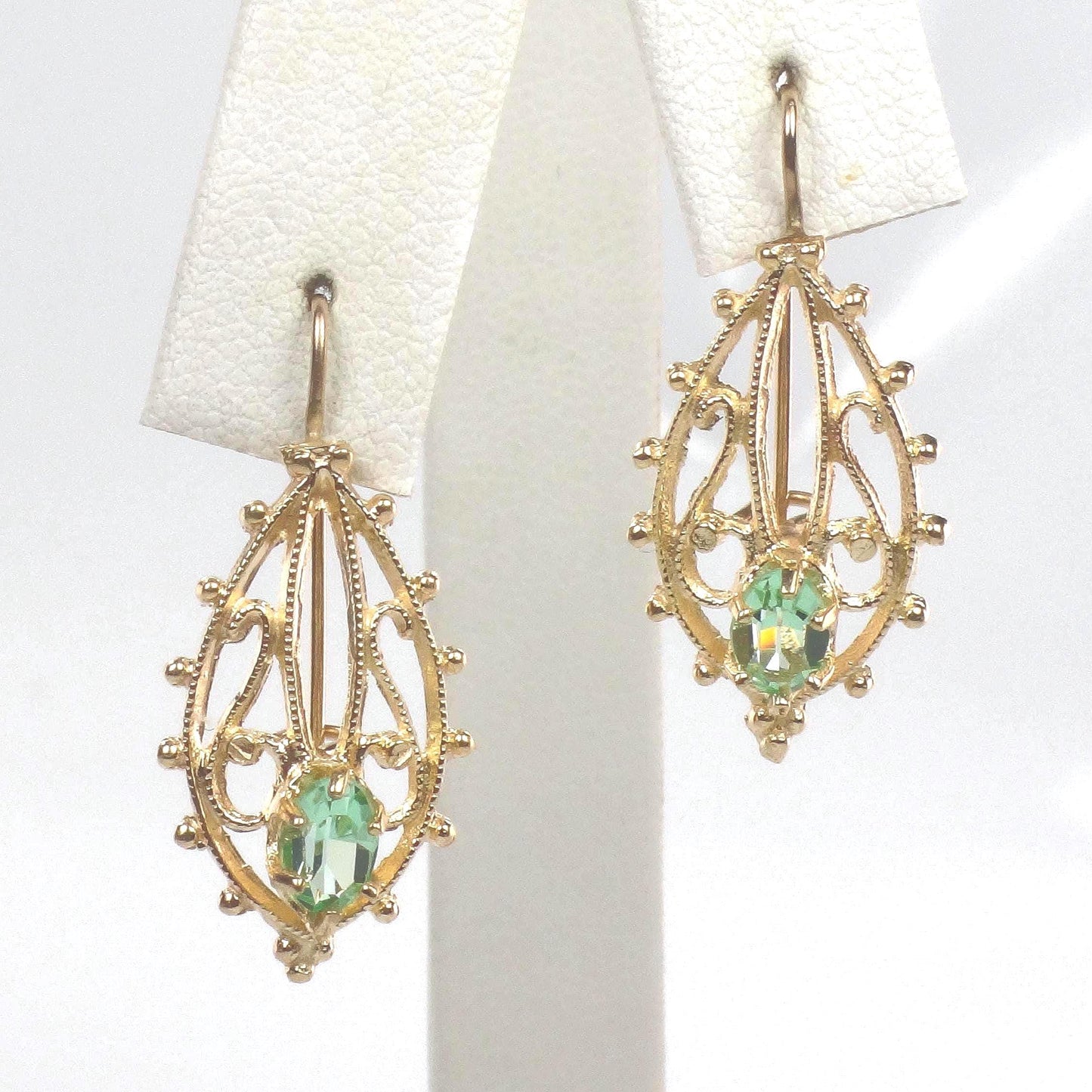 14k Green Stone Dangle Earrings - Vintage Airy Yellow Gold Filigree Style with Locking Wires - Circa 1990's