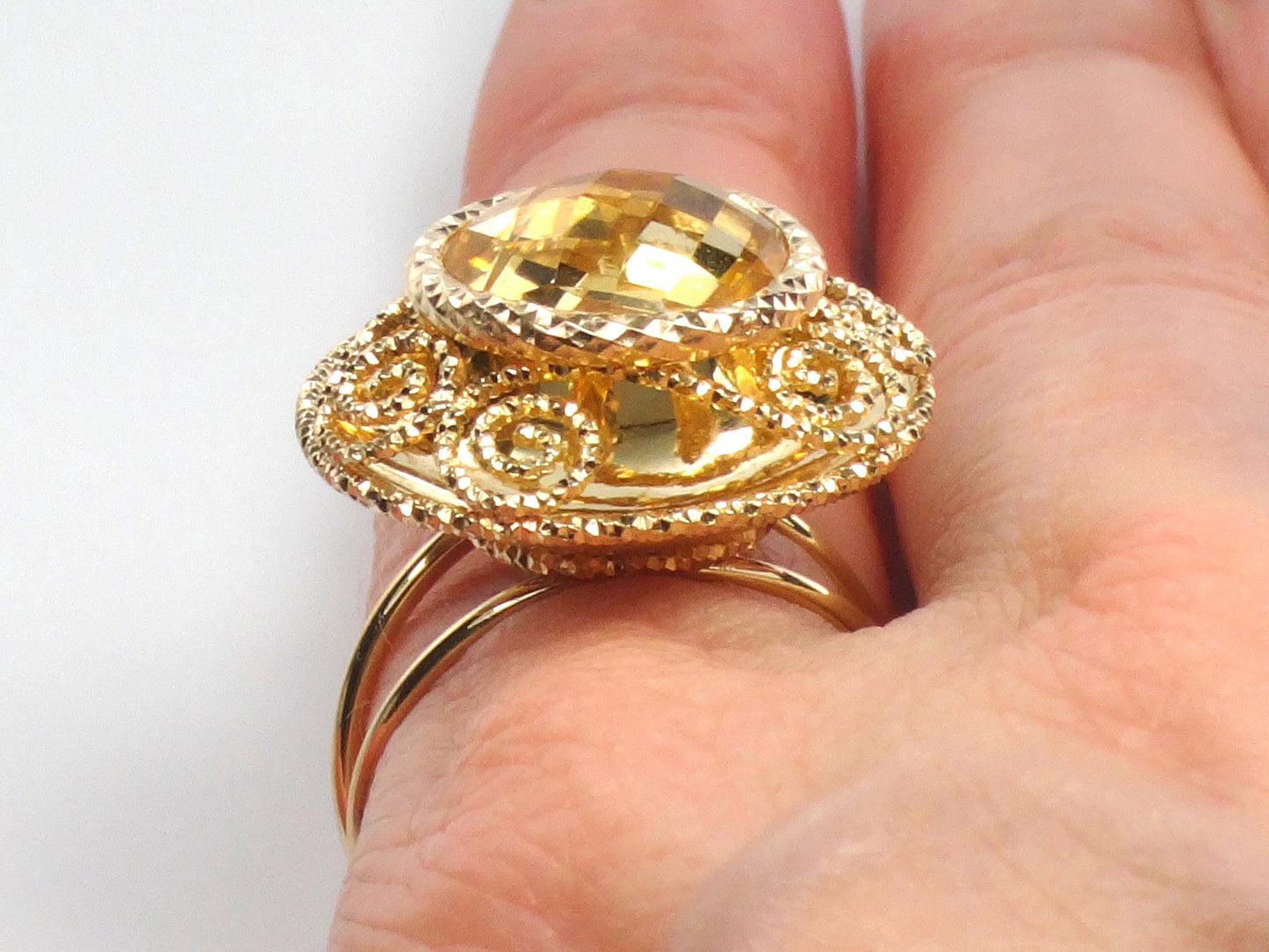 Vintage 14k Yellow Gold Citrine Ring: Checkerboard Cocktail Ring, Size 7.25