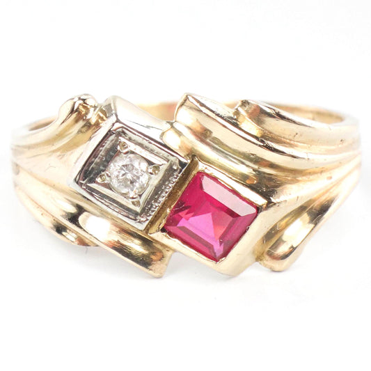 Vintage 14k Yellow Gold Ruby and Diamond Ring - Red July Birthstone Retro Style Circa 1960's - Size 5.5