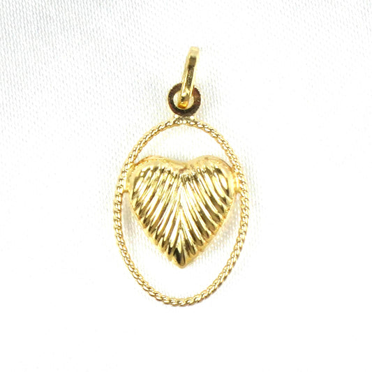 18k Yellow Gold Puffy Heart Charm - Vintage Ribbed Pendant in Oval Surround