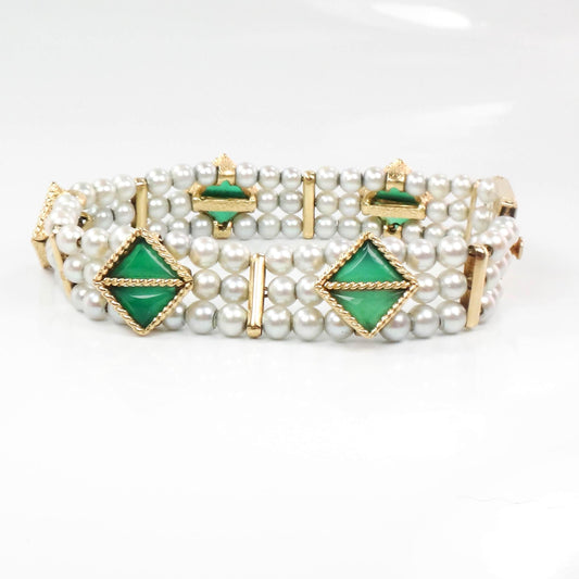 Lucien Piccard 14k Yellow Gold Triple Strand Gray Pearl Bracelet with Green Chrysoprase - Bridal Jewelry - Vintage Circa 1960’s - 7"