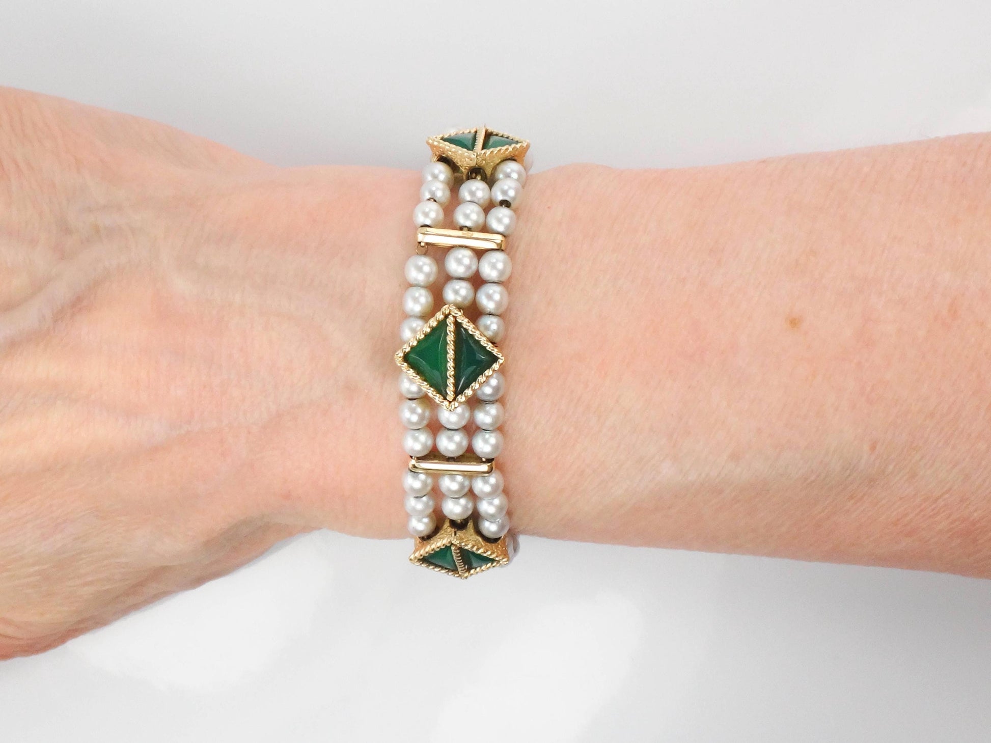 Lucien Piccard 14k Yellow Gold Triple Strand Gray Pearl Bracelet with Green Chrysoprase - Bridal Jewelry - Vintage Circa 1960’s - 7"