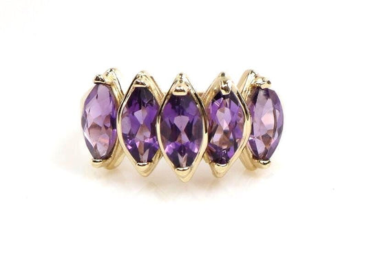 10k Yellow Gold Marquise Natural Amethyst Ring, Vintage Purple February Birthstone Ring, Size 9