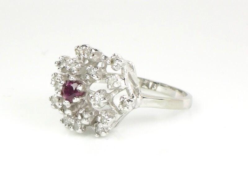 Ruby and Diamond Cluster Ring, 14k White Gold Natural Gemstone, Mid Century Modern Starburst Dome Cocktail, Size 6.25