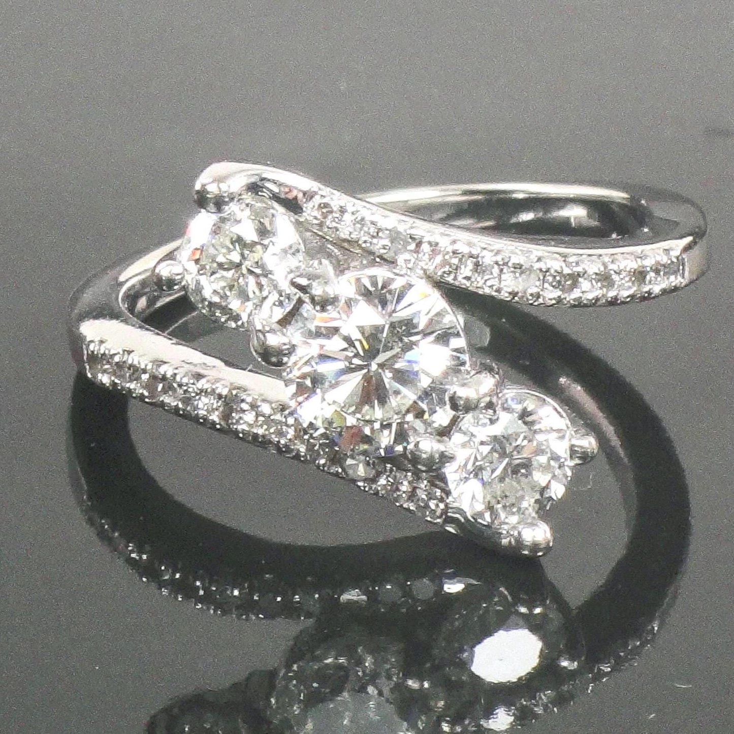 Vintage 14k White Gold Three Natural Diamond Ring, Three Stone Ring, Approximately 1 1/2 CTS Size 7.5