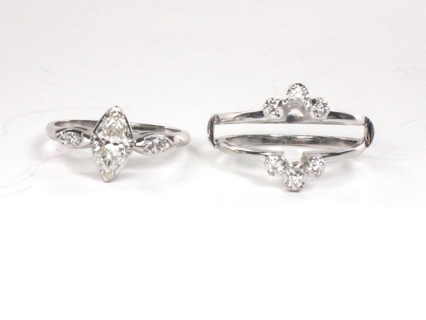 Vintage Marquise Diamond Engagement Ring Set: 14k White Gold, Insert Wedding Band, Size 5.75