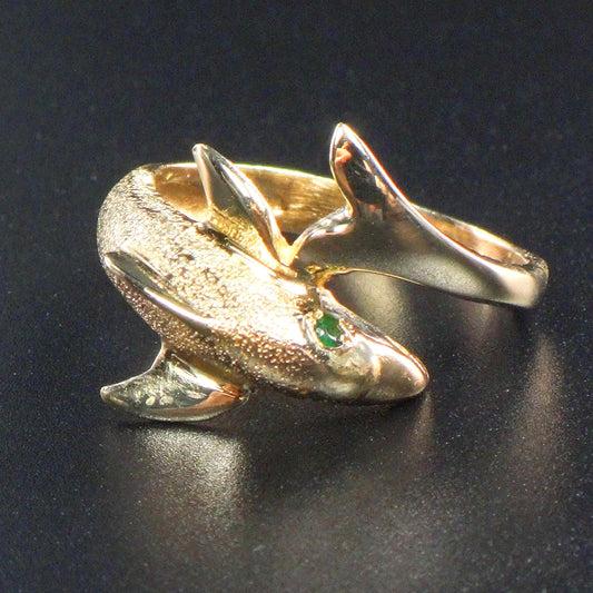 Vintage 14k Yellow Gold Dolphin Ring with Emerald Eyes, Ocean Sea Marine Life Nautical Jewelry Size 8.5