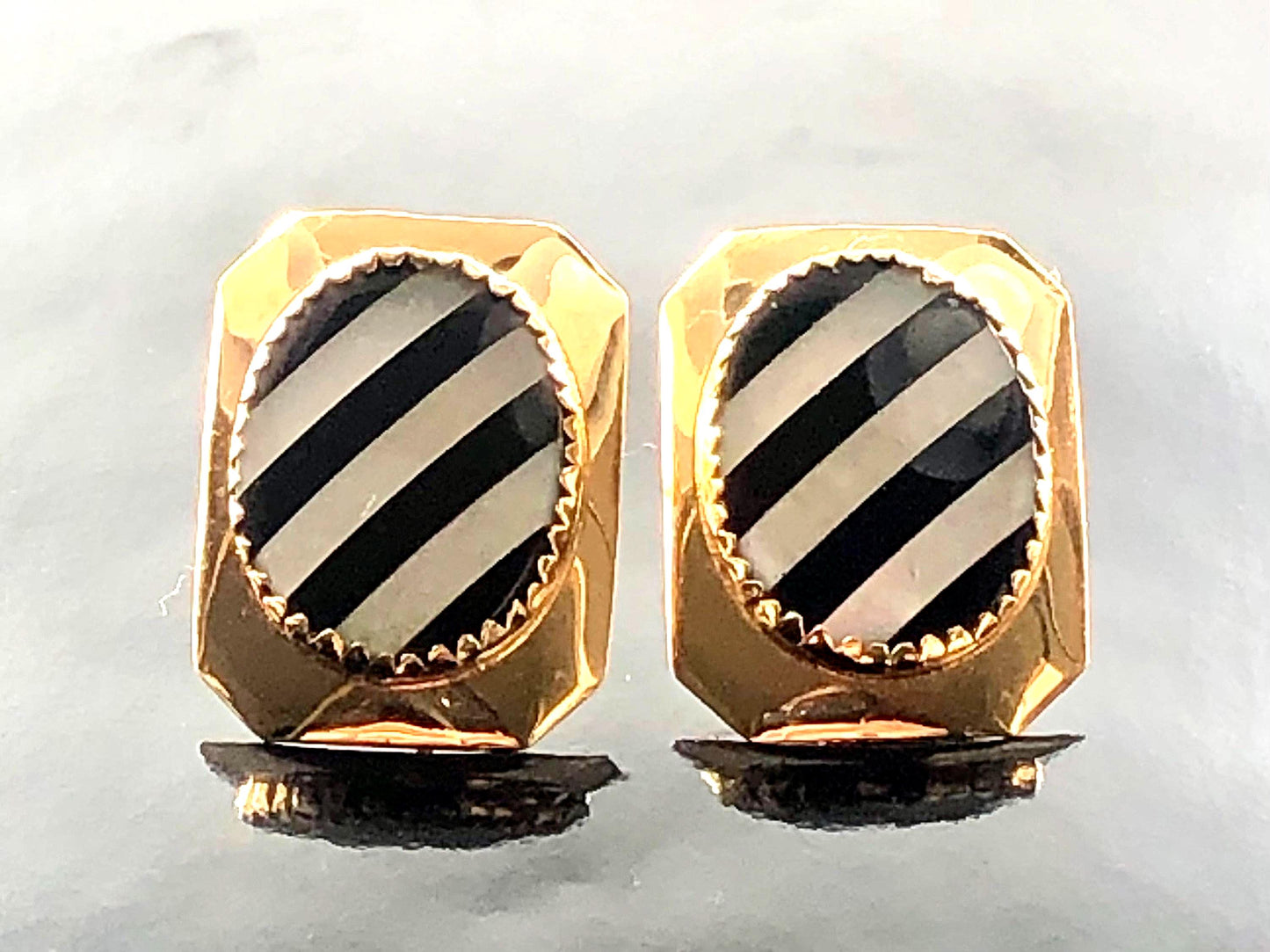 Vintage 14k Yellow Gold Black Onyx and Mother of Pearl Stud Earrings, Striped Octagon Shaped Studs