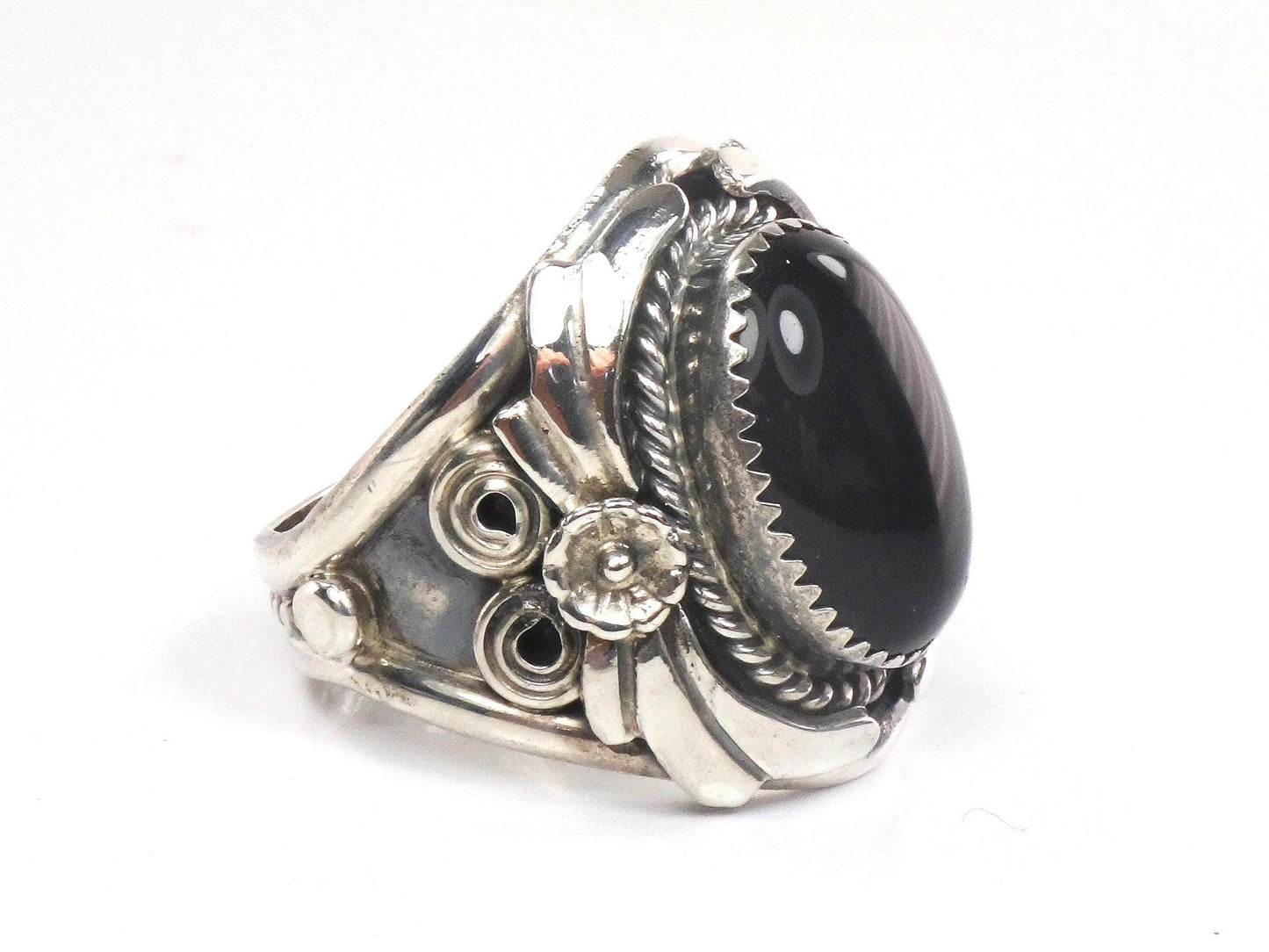 Vintage Large Sterling Silver Onyx Ring, Men's Unisex Southwestern Style Ring, Size 12.75