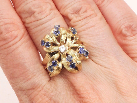 Vintage 14k Gold Natural Blue Sapphire and Diamond Ring, Large Yellow Gold Flower Ring, Size 5.75