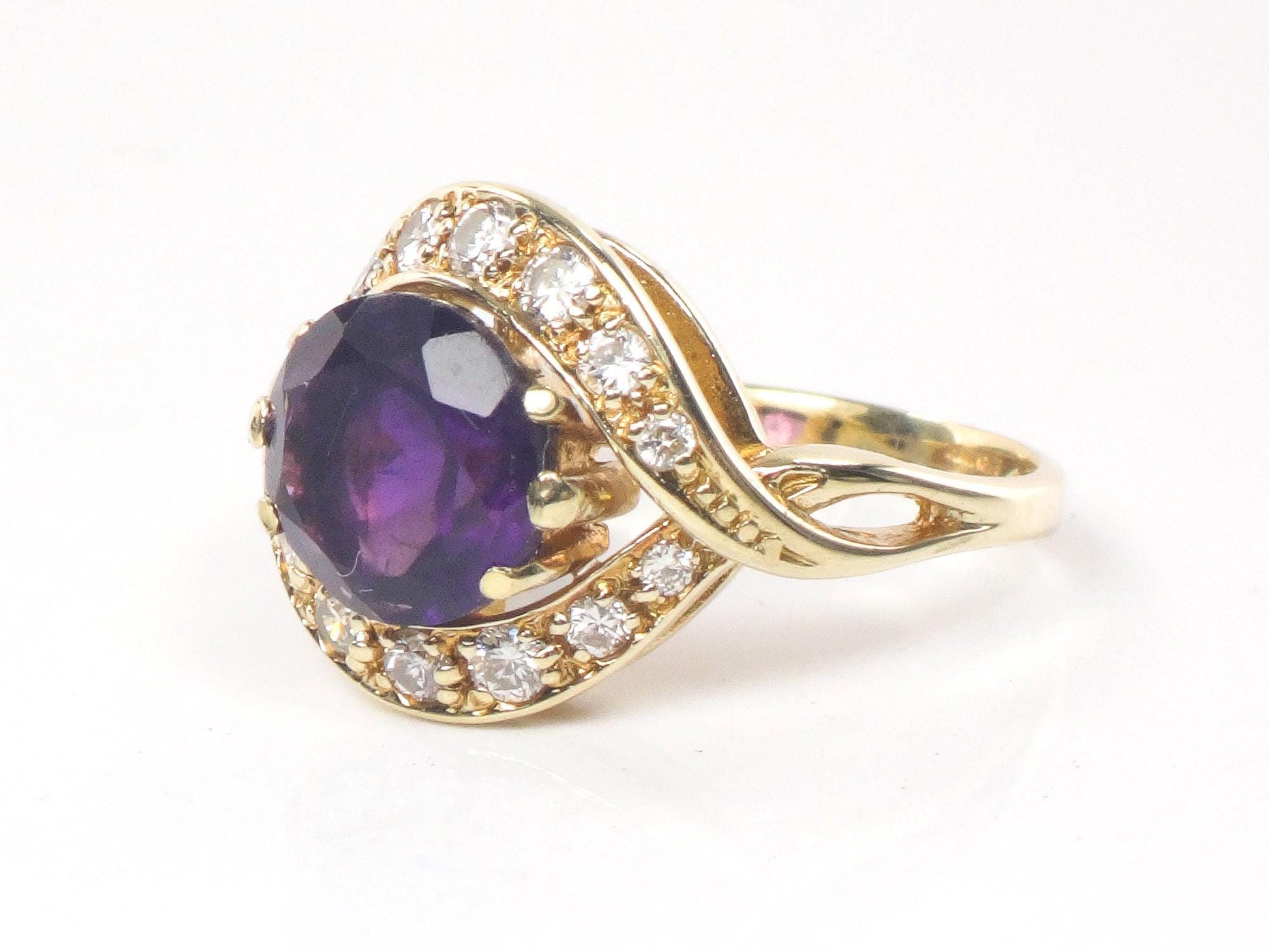 Vintage 14k Gold Natural Amethyst Ring with Diamonds, Purple February Birthstone Ring Size 5