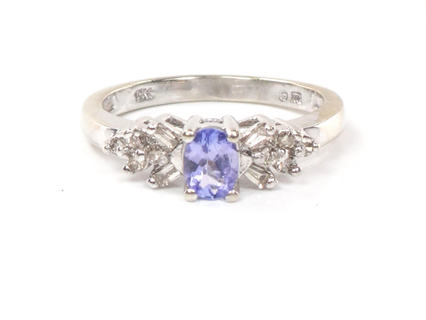 Vintage 10k White Gold Tanzanite and Natural Diamond Ring, Purple Stone Ring