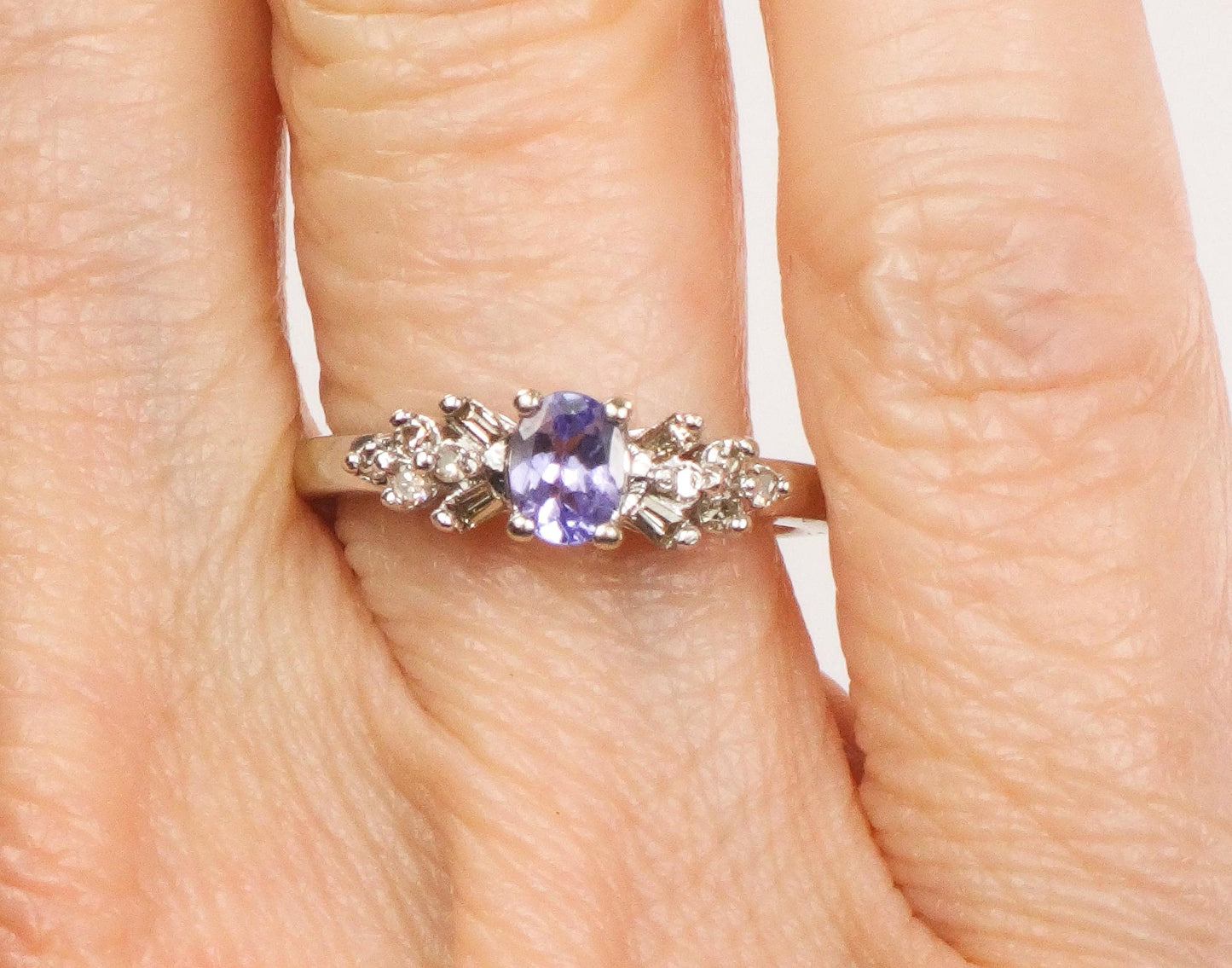 Vintage 10k White Gold Tanzanite and Natural Diamond Ring, Purple Stone Ring