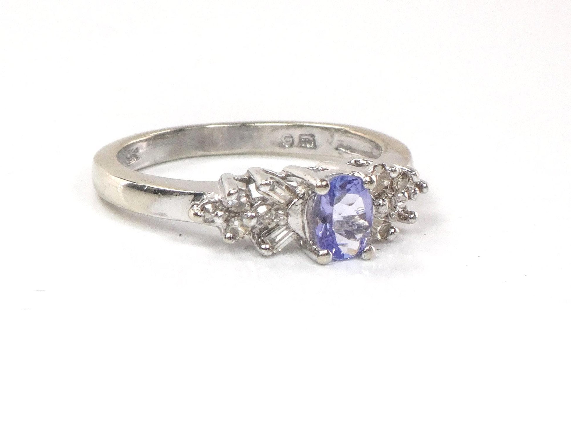 Vintage 10k White Gold Tanzanite and Natural Diamond Ring, Purple Stone Ring