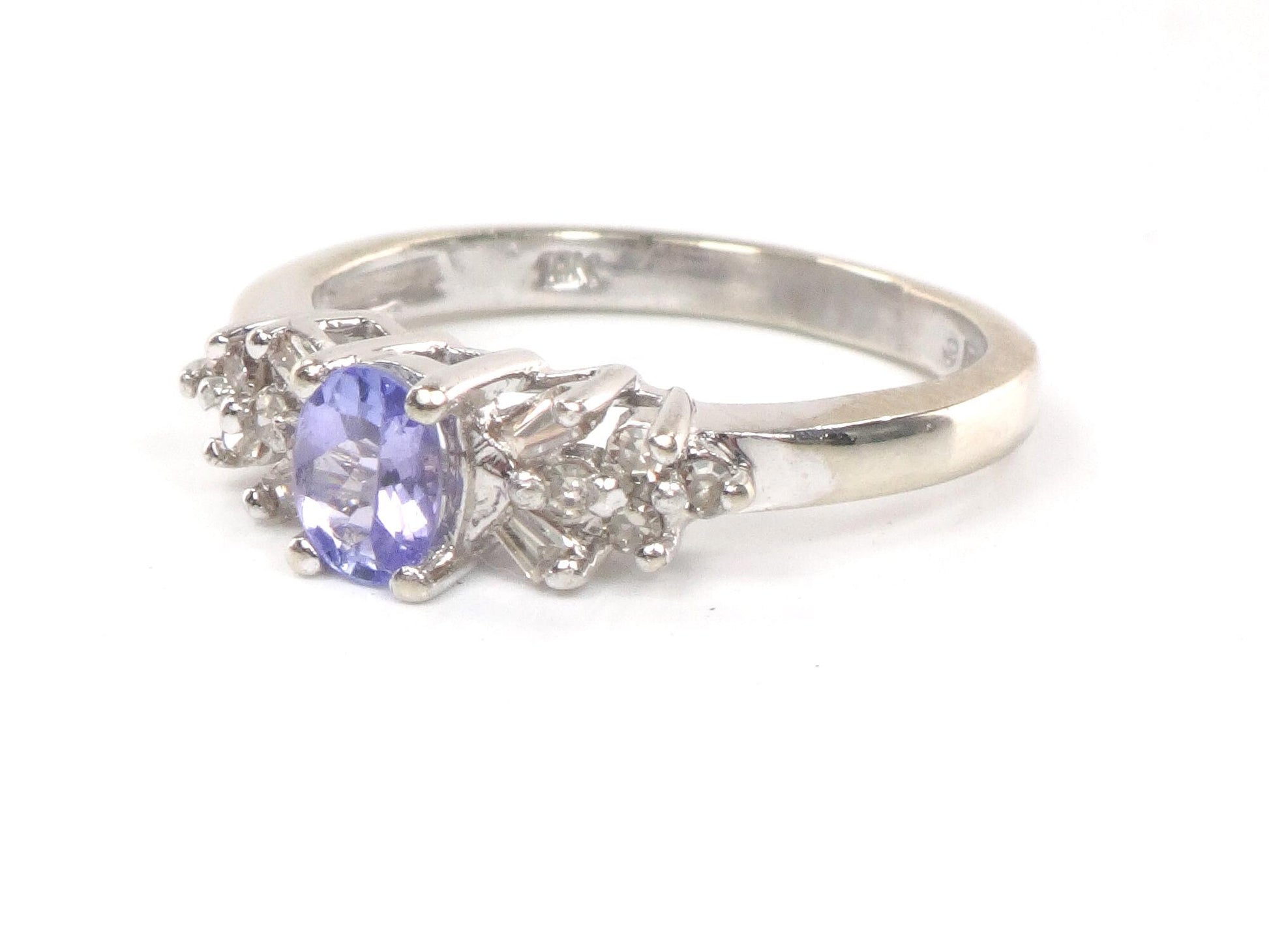 Vintage 10k White Gold Tanzanite and Natural Diamond Ring, Purple Stone Ring