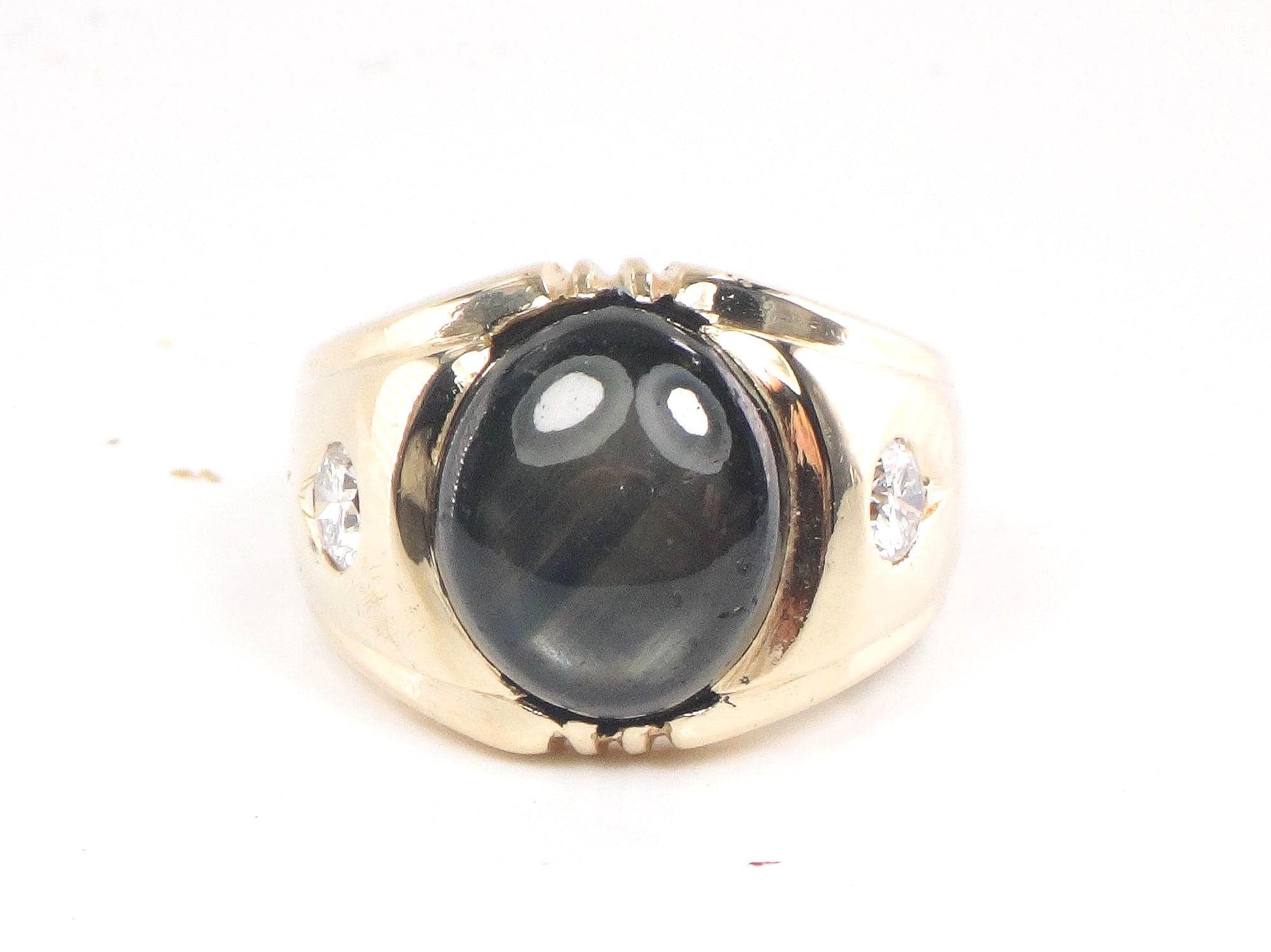 Vintage 14k Gold Natural Black Star Sapphire and Diamond Ring, Yellow Gold Unisex Ring Size 6.5