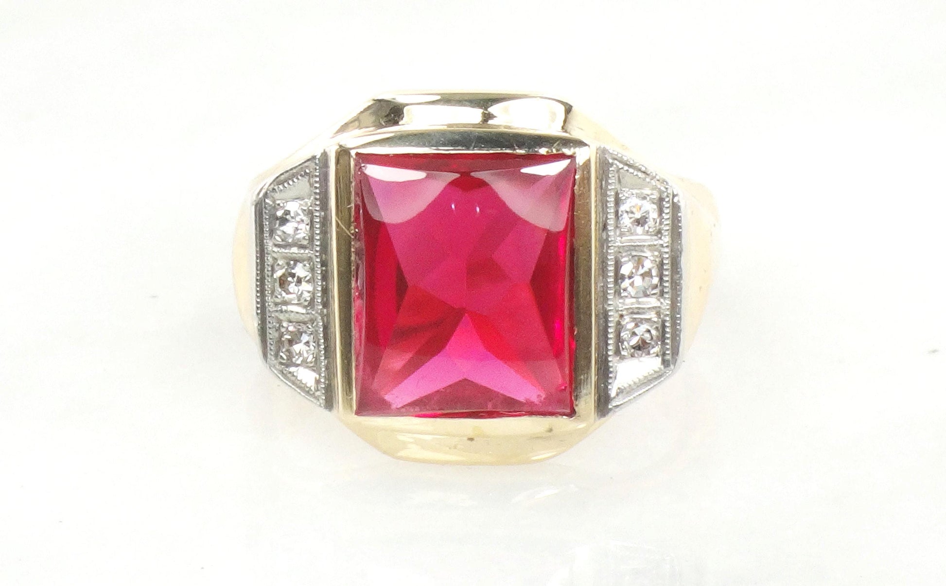 Vintage 14k Yellow Gold Ruby and Diamond Ring Solid Gold Men's July Birthstone Ring Size 9.75