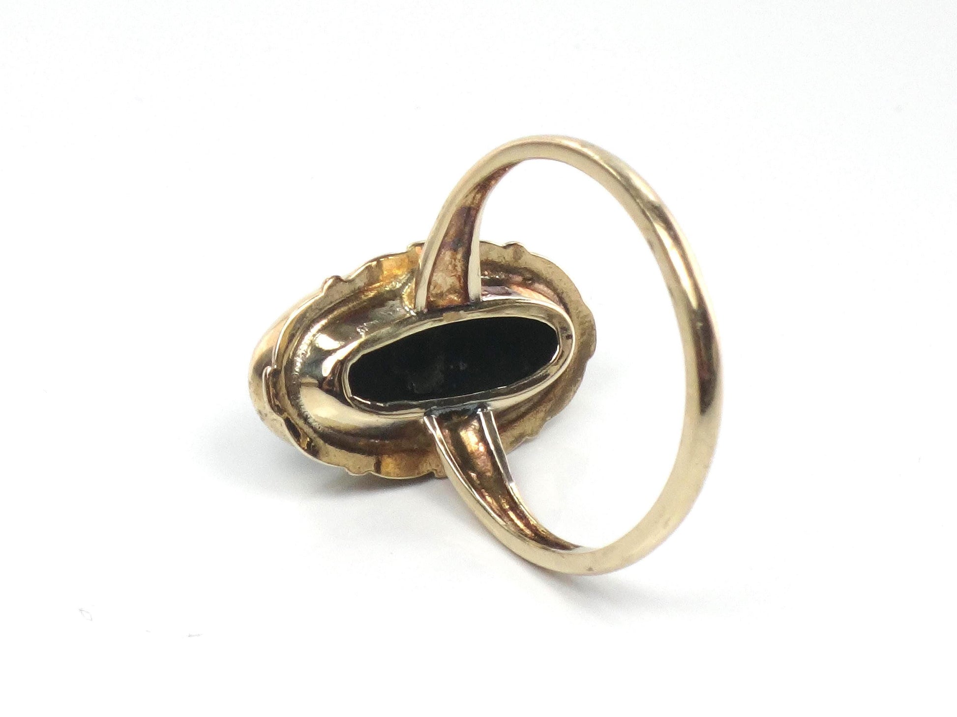 Vintage 10k Two Tone Gold Onyx Diamond Ring: Retro Style, Size 6.5