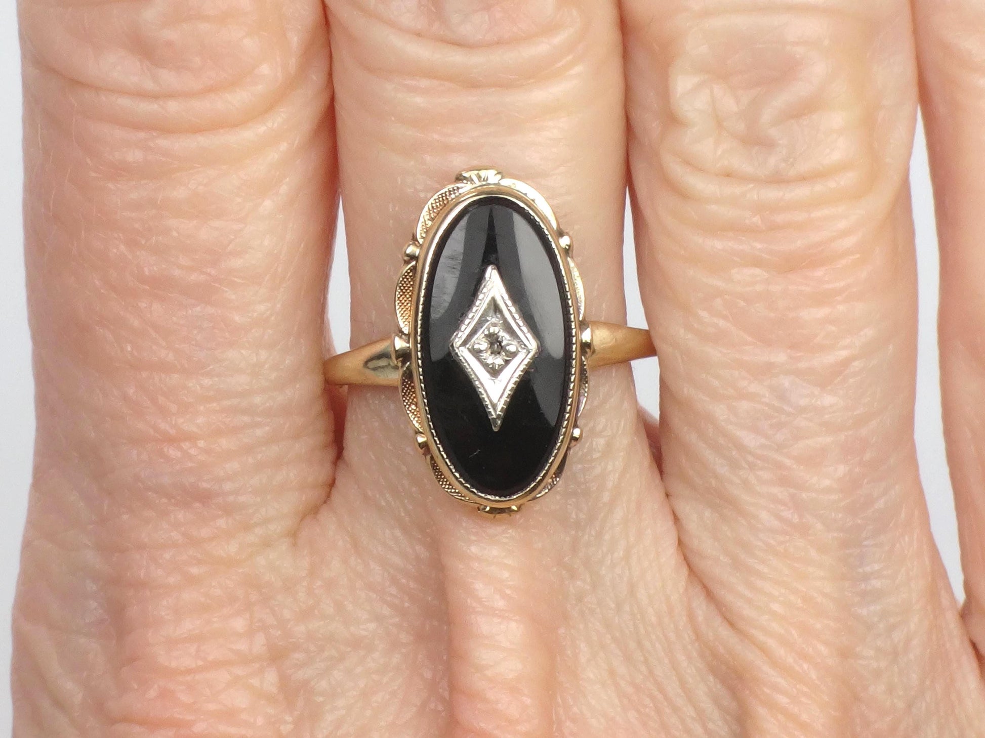 Vintage 10k Two Tone Gold Onyx Diamond Ring: Retro Style, Size 6.5
