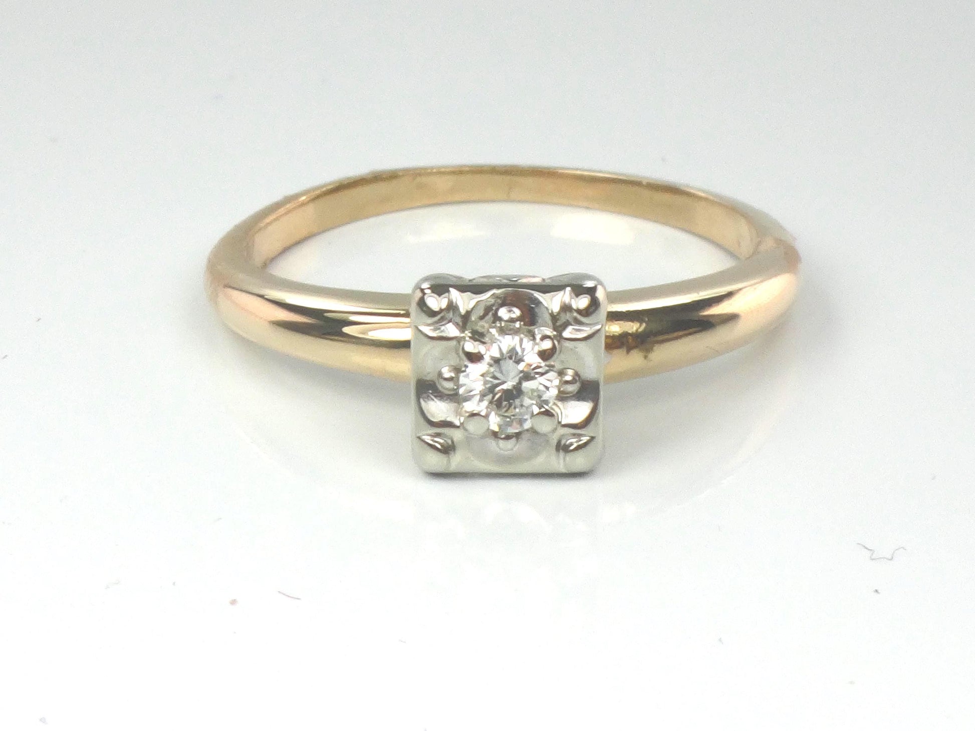 Vintage 14k Gold Round Natural Diamond Engagement Ring - Two Tone Orange Blossom Style - Size 5.75