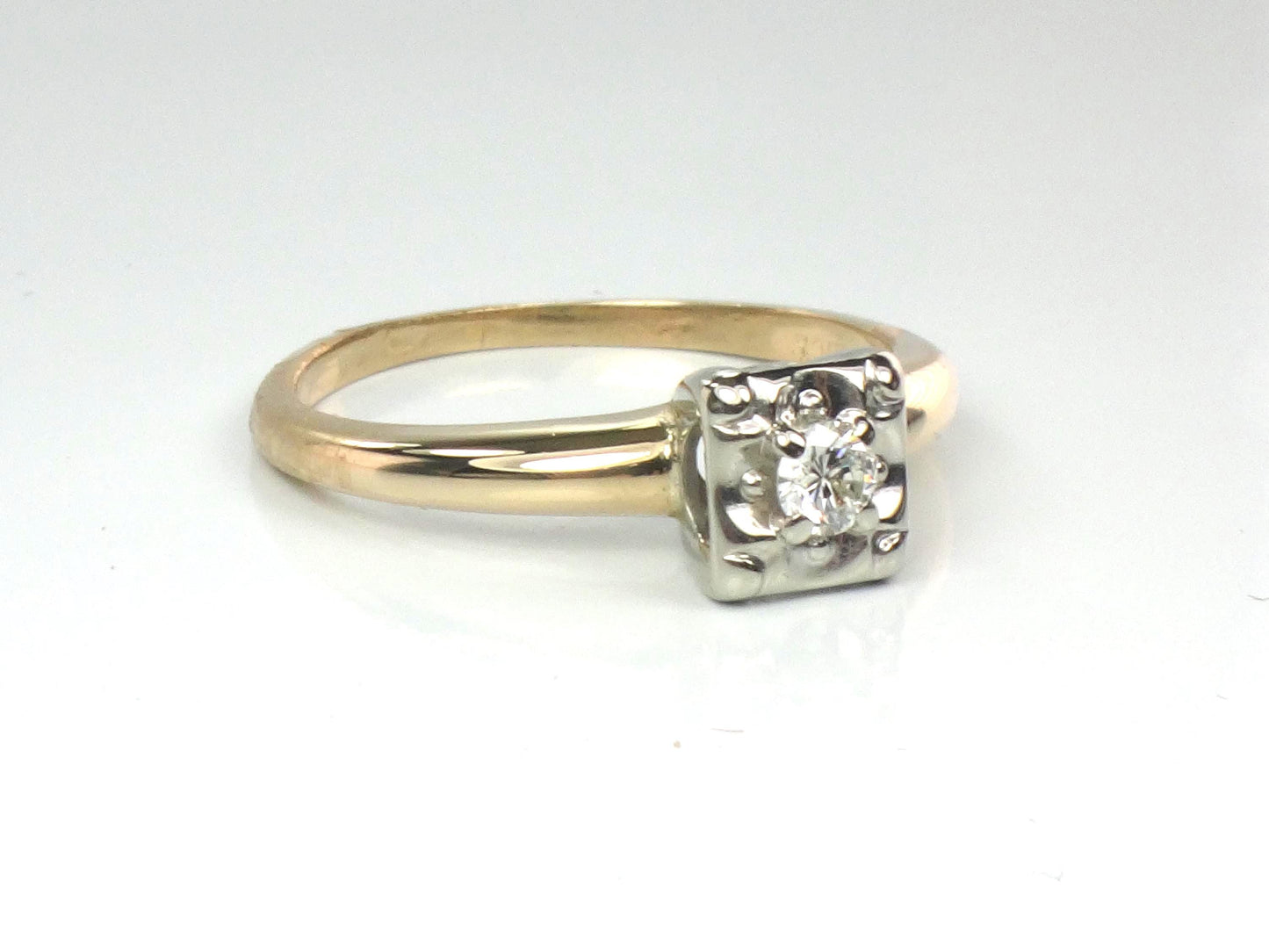 Vintage 14k Gold Round Natural Diamond Engagement Ring - Two Tone Orange Blossom Style - Size 5.75