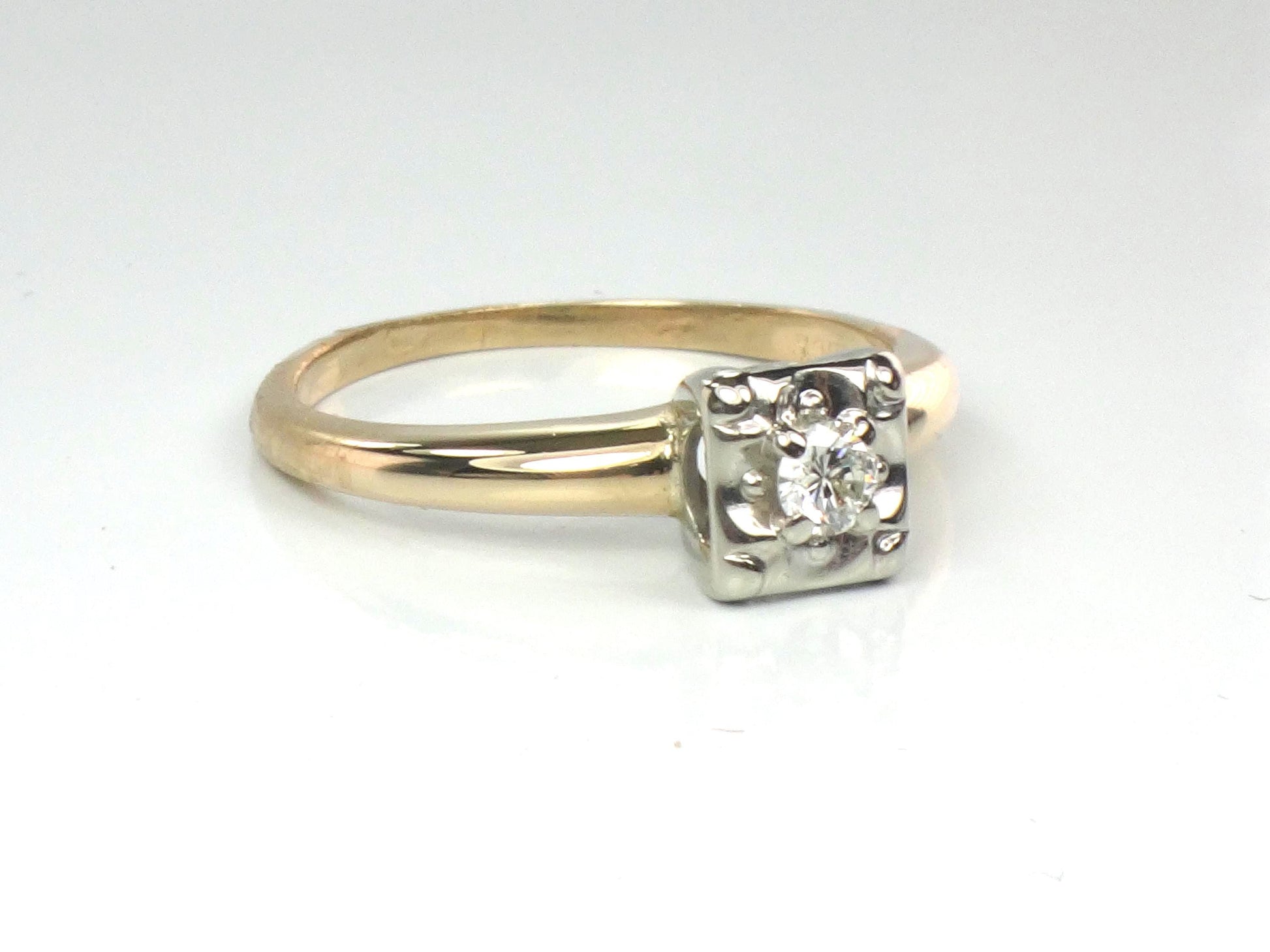 Vintage 14k Gold Round Natural Diamond Engagement Ring - Two Tone Orange Blossom Style - Size 5.75