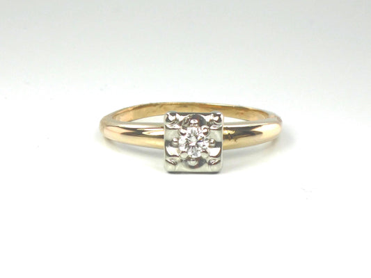 Vintage 14k Gold Round Natural Diamond Engagement Ring - Two Tone Orange Blossom Style - Size 5.75