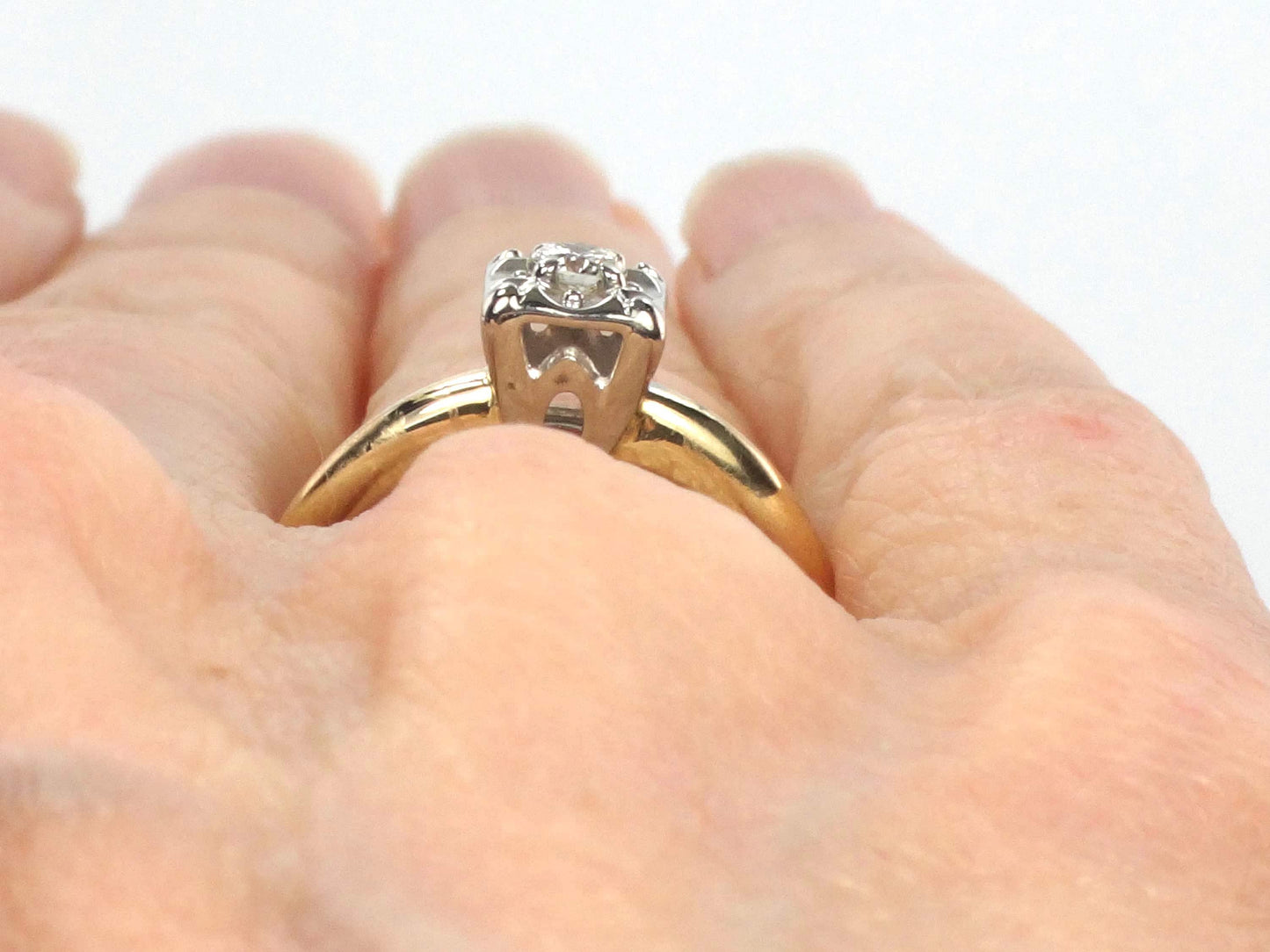 Vintage 14k Gold Round Natural Diamond Engagement Ring - Two Tone Orange Blossom Style - Size 5.75
