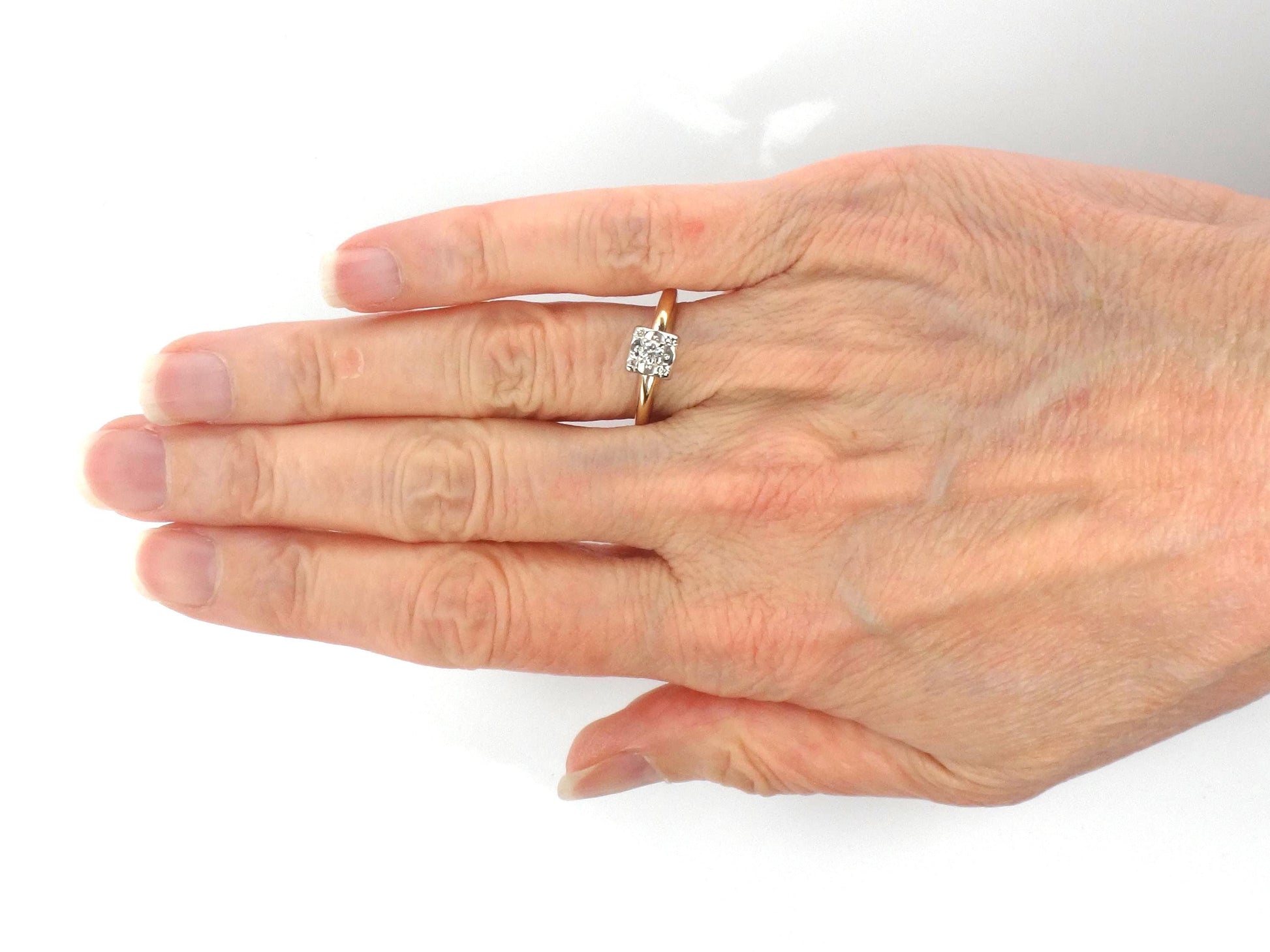 Vintage 14k Gold Round Natural Diamond Engagement Ring - Two Tone Orange Blossom Style - Size 5.75