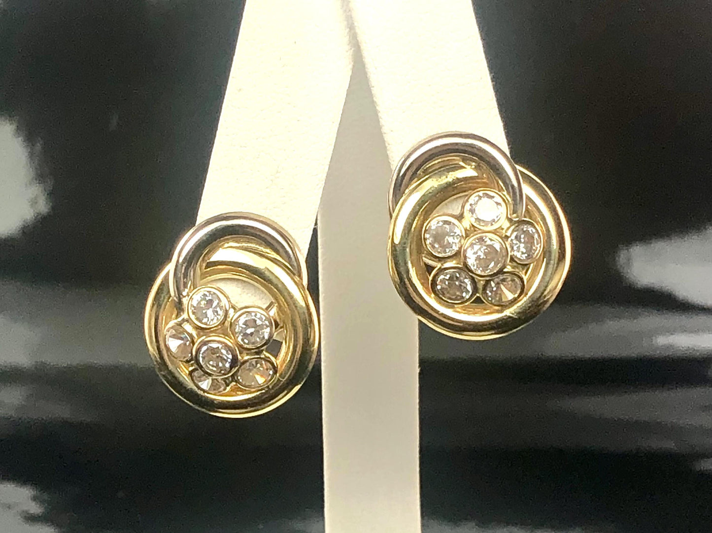 Vintage 18k Two Tone Gold Cubic Zirconia Stud Earrings, Large Floral CZ Studs