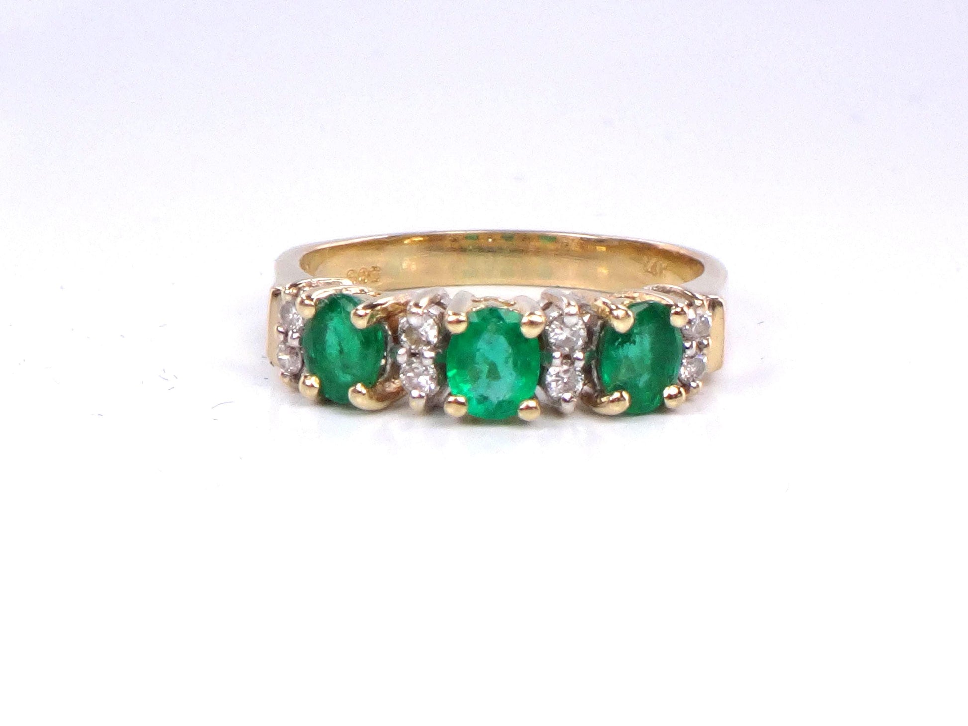 14k Genuine Emerald and Diamond Ring - Vintage Yellow Gold Three Stone Band - Size 5.25 - May Birthstone