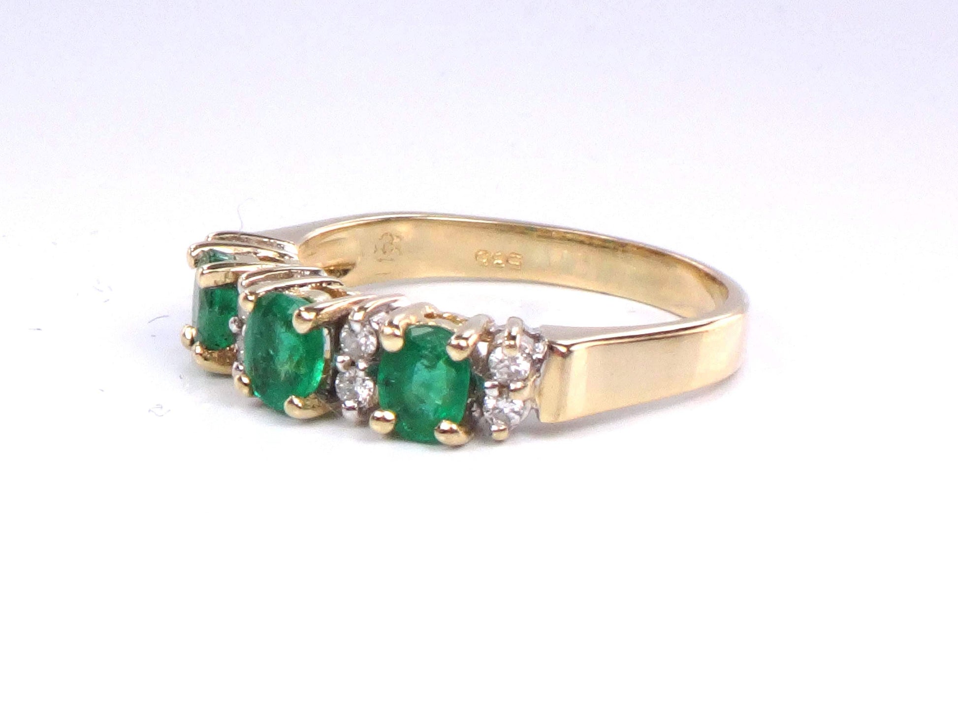 14k Genuine Emerald and Diamond Ring - Vintage Yellow Gold Three Stone Band - Size 5.25 - May Birthstone