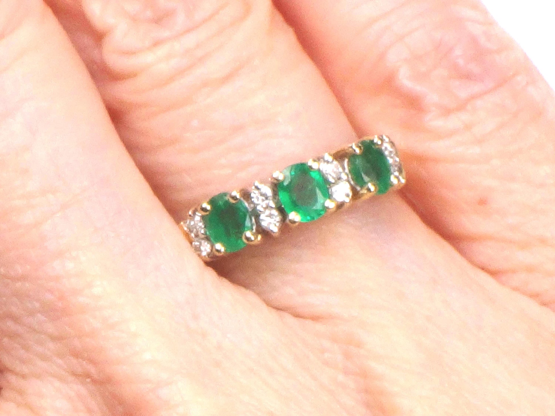 14k Genuine Emerald and Diamond Ring - Vintage Yellow Gold Three Stone Band - Size 5.25 - May Birthstone