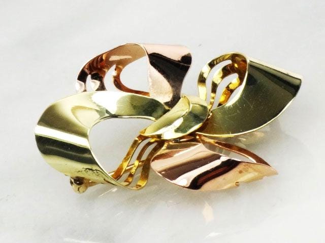 Vintage 14k Yellow & Rose Gold Bow Brooch - Retro 1950s Pin
